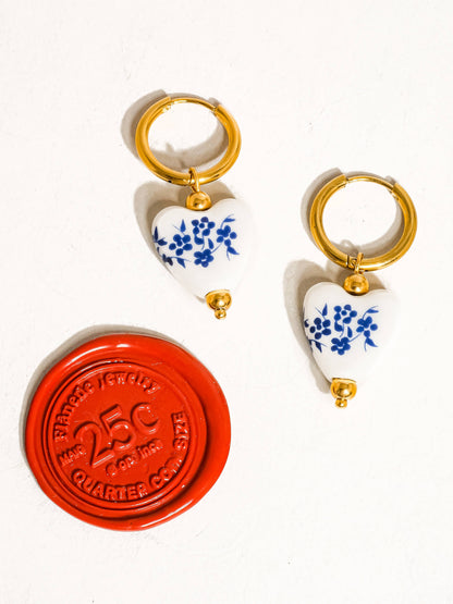 Ceramic Floral Heart Earring; Yun (18K Gold, Non-Tarnish)