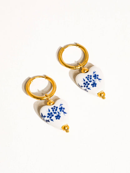 Ceramic Floral Heart Earring; Yun (18K Gold, Non-Tarnish)