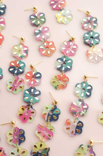 Earrings; Flower Dangle (Hand-painted, Colorful, Gold Accents) By Jill Makes