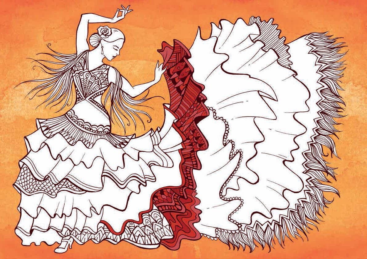 Interior page from Color Therapy coloring book — partially colored illustration of a flamenco dancer in a sweeping ruffled dress with red and dark brown accents, flowing hair, and mandala-style bodice details on a warm orange watercolor background