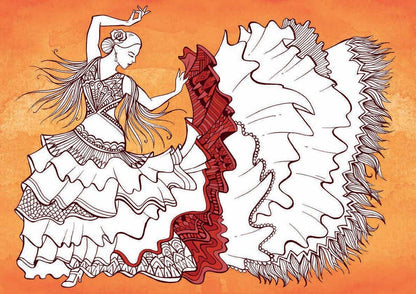 Interior page from Color Therapy coloring book — partially colored illustration of a flamenco dancer in a sweeping ruffled dress with red and dark brown accents, flowing hair, and mandala-style bodice details on a warm orange watercolor background