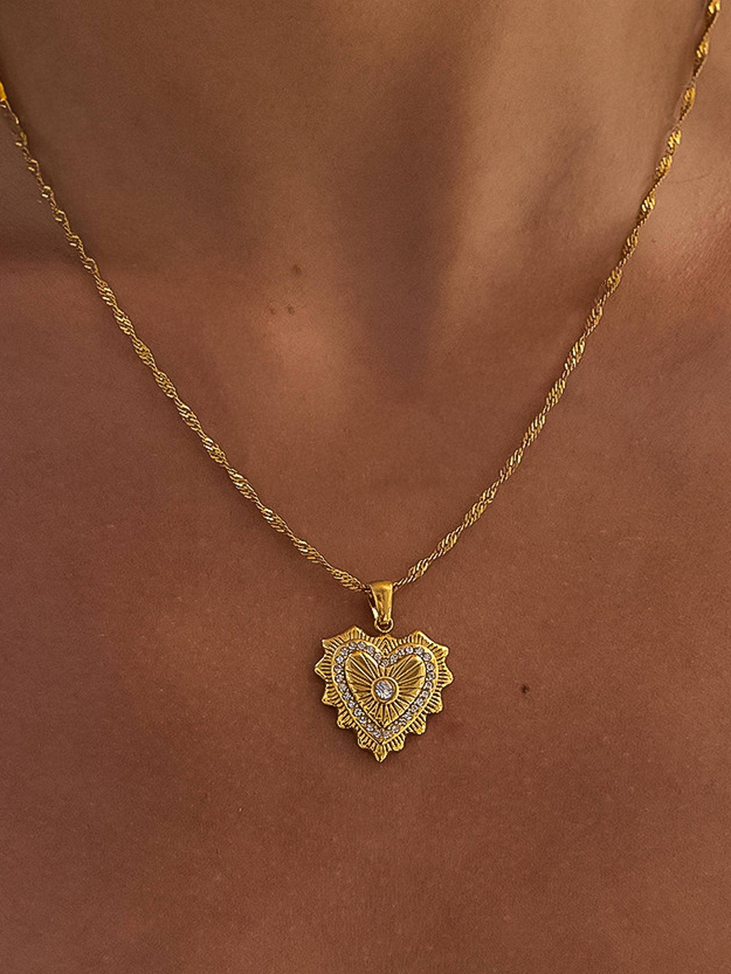 Heart Pendant Necklace; Valea (18K Gold, Non-Tarnish, CZ)