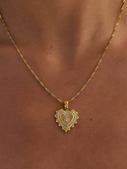 Heart Pendant Necklace; Valea (18K Gold, Non-Tarnish, CZ)
