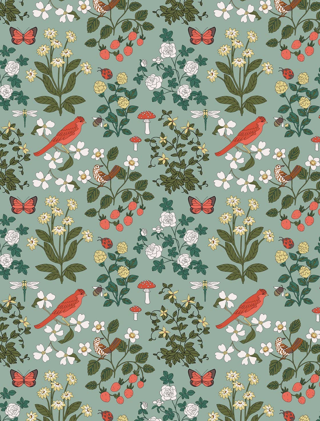 Helmsie wrapping paper sheet with woodland nature pattern — red cardinals, brown sparrows, orange butterflies, red mushrooms, strawberries, white roses, and green foliage on a sage green background