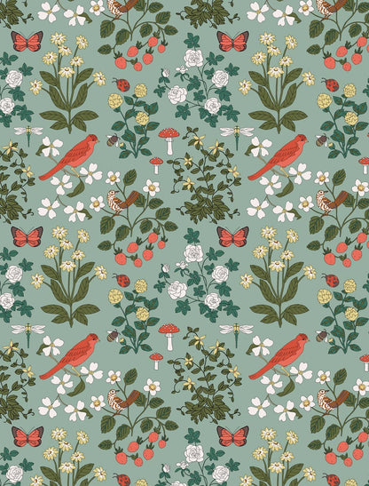 Helmsie wrapping paper sheet with woodland nature pattern — red cardinals, brown sparrows, orange butterflies, red mushrooms, strawberries, white roses, and green foliage on a sage green background