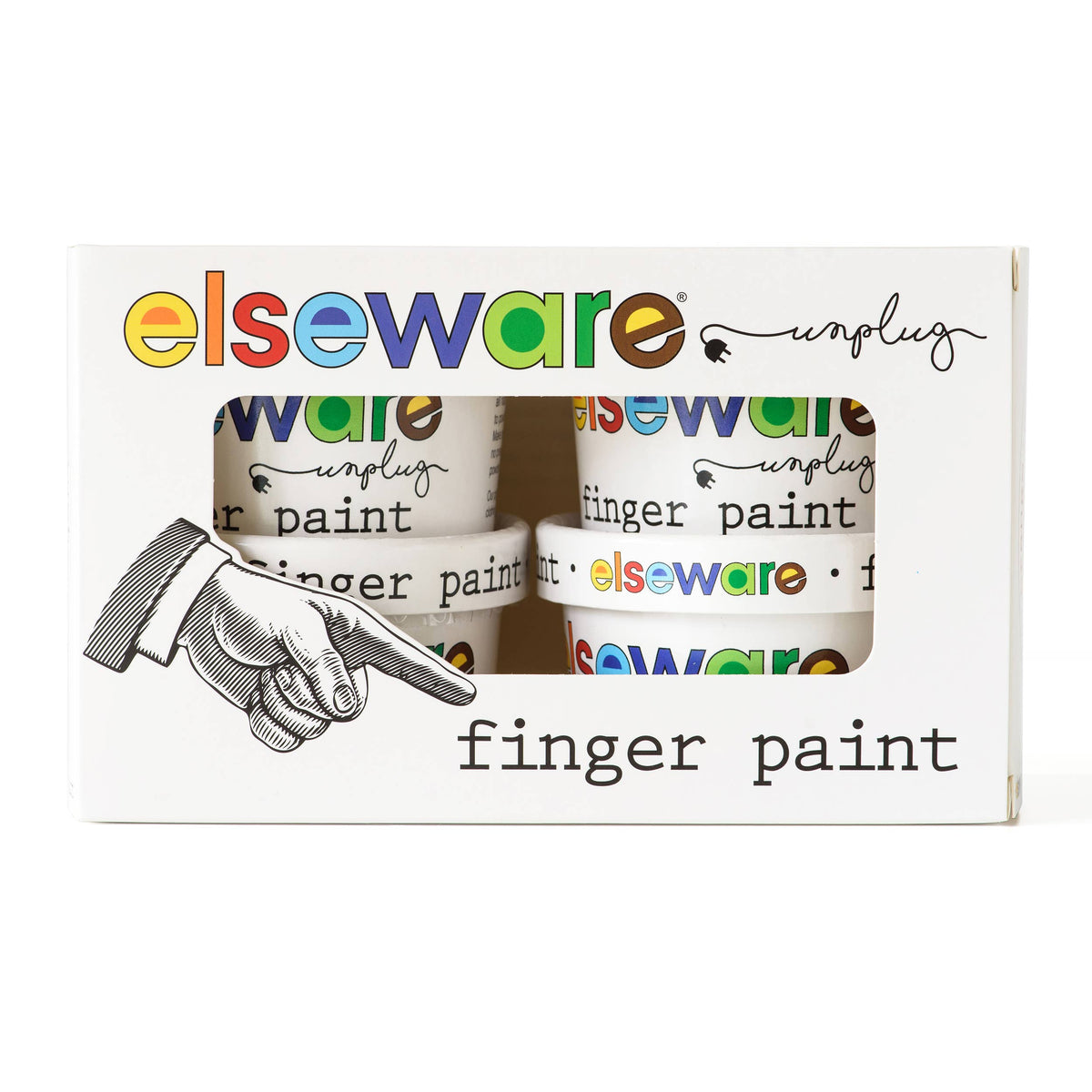 Elseware Unplug finger paint set box on white background — top panel view showing colorful Elseware Unplug logo and finger paint branding