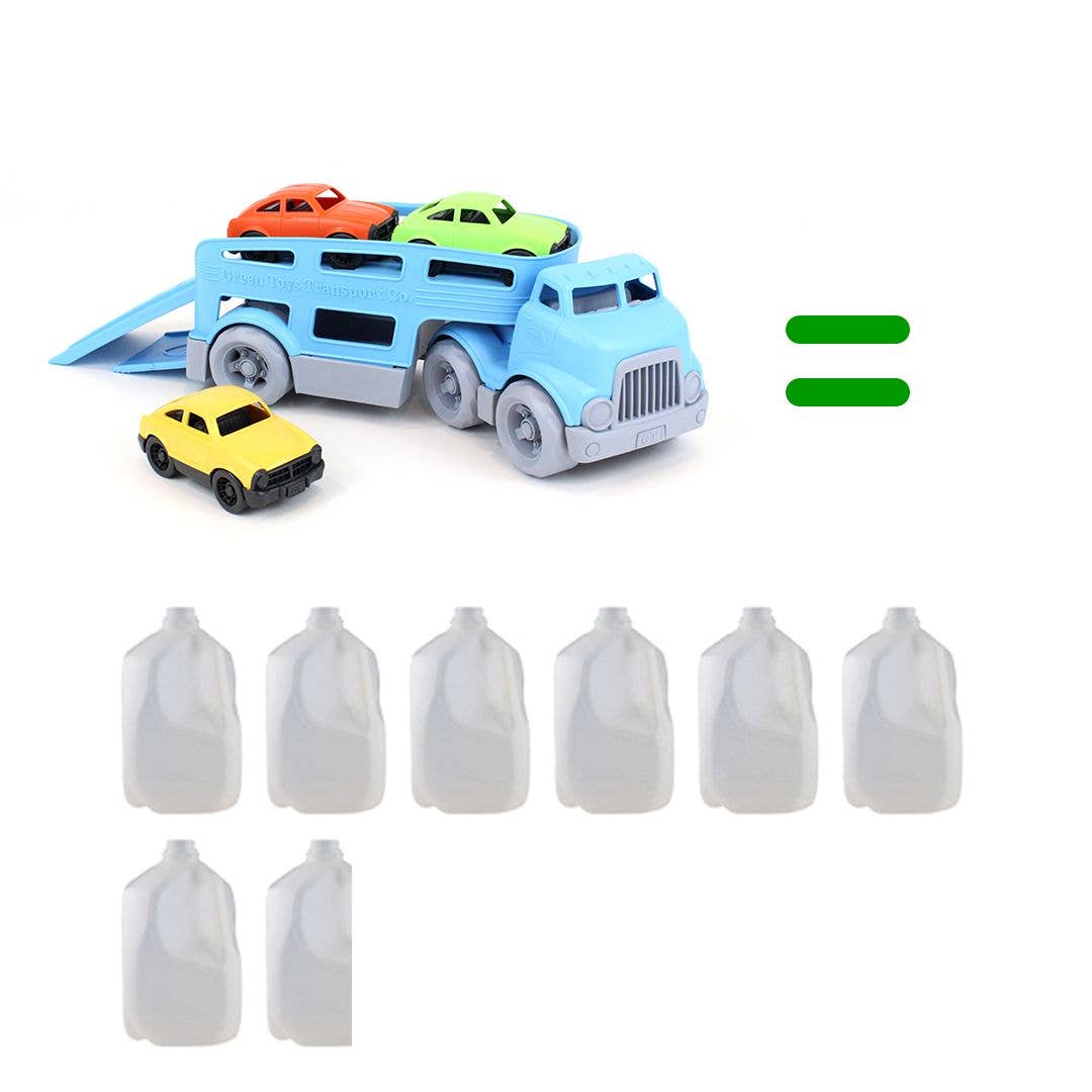 Green Toys Car Carrier recycled content infographic on white background — blue car carrier truck with ramp extended and yellow Mini Car at base shown in upper left; green equals sign to the right; eight illustrated grey plastic milk jugs arranged in two rows below, showing the toy is made from the equivalent of recycled milk jugs; demonstrates Green Toys' 100% recycled plastic commitment