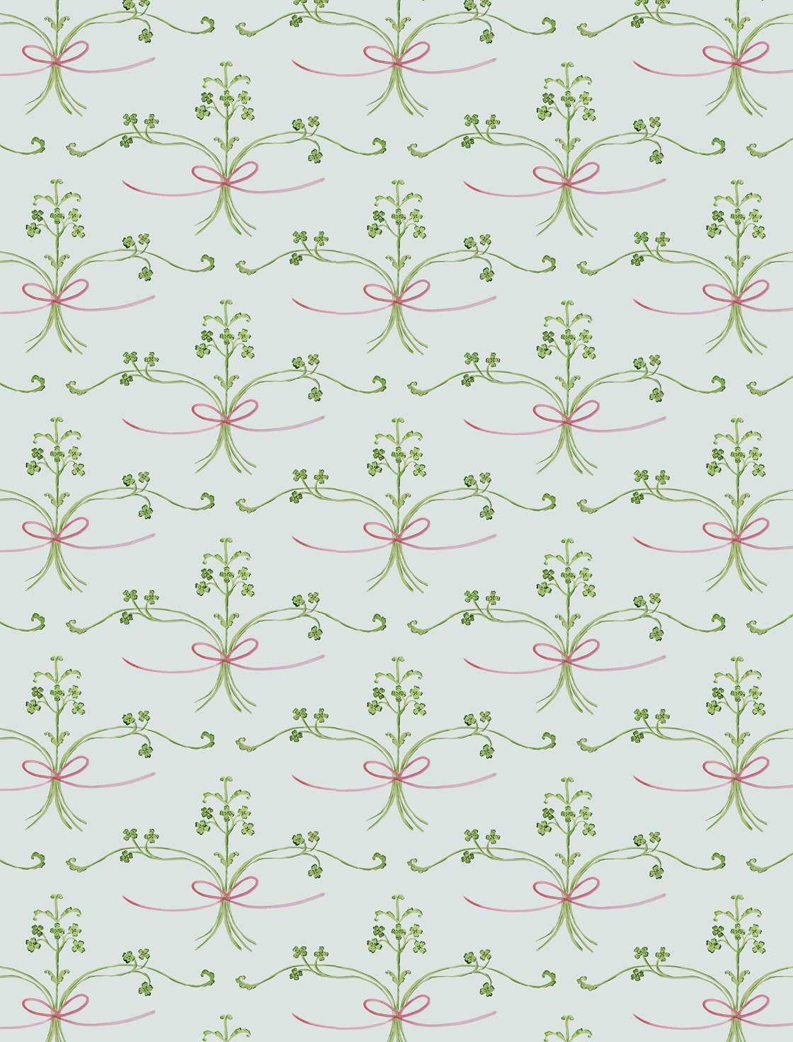 Helmsie wrapping paper sheet with botanical sprig pattern — delicate bunches of small floral sprigs tied with thin red string repeating on a light green background