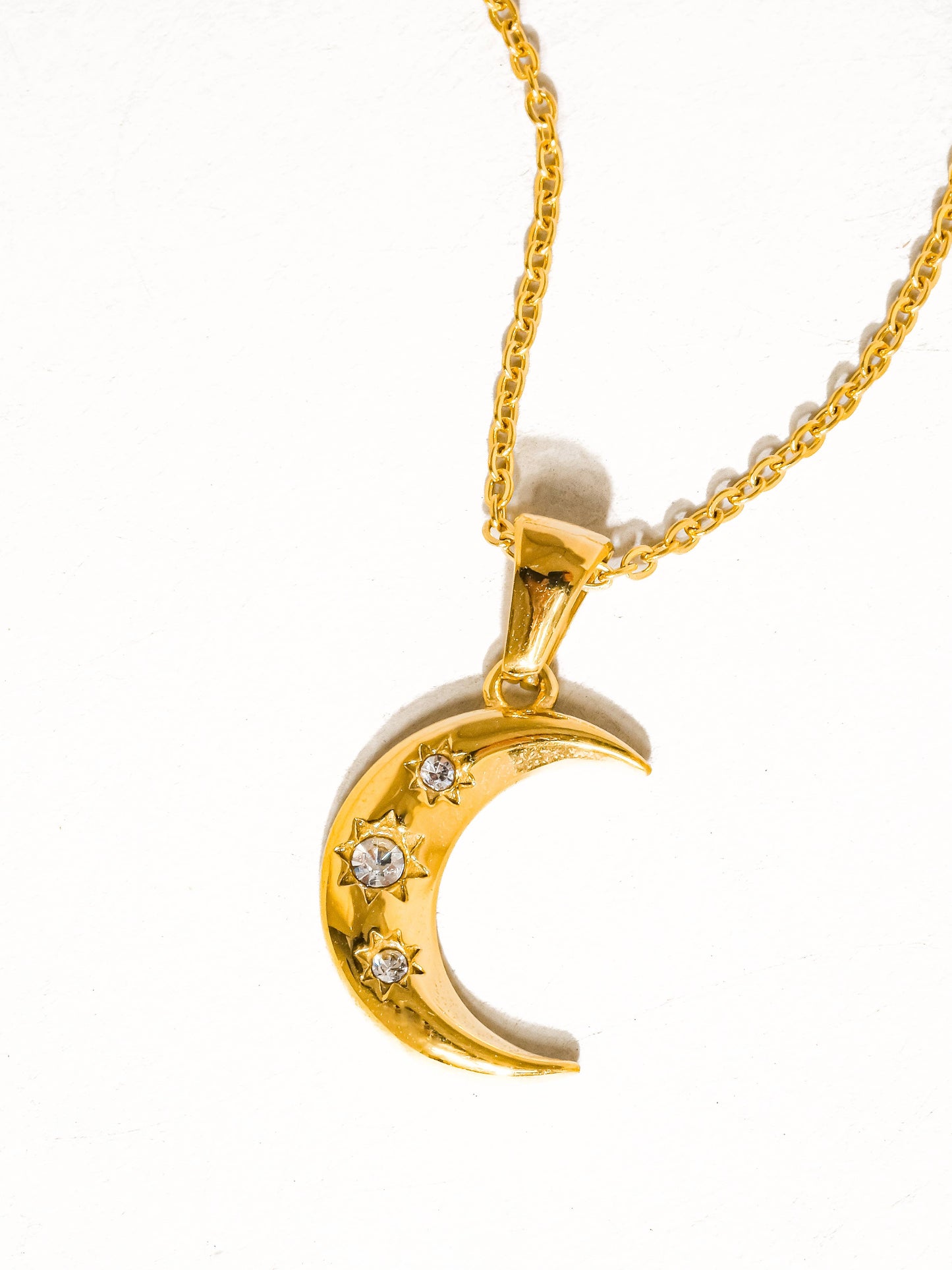 Necklace; Atlas 18K Gold Non-Tarnish Half Moon CZ Necklace