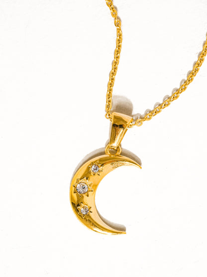 Necklace; Atlas 18K Gold Non-Tarnish Half Moon CZ Necklace