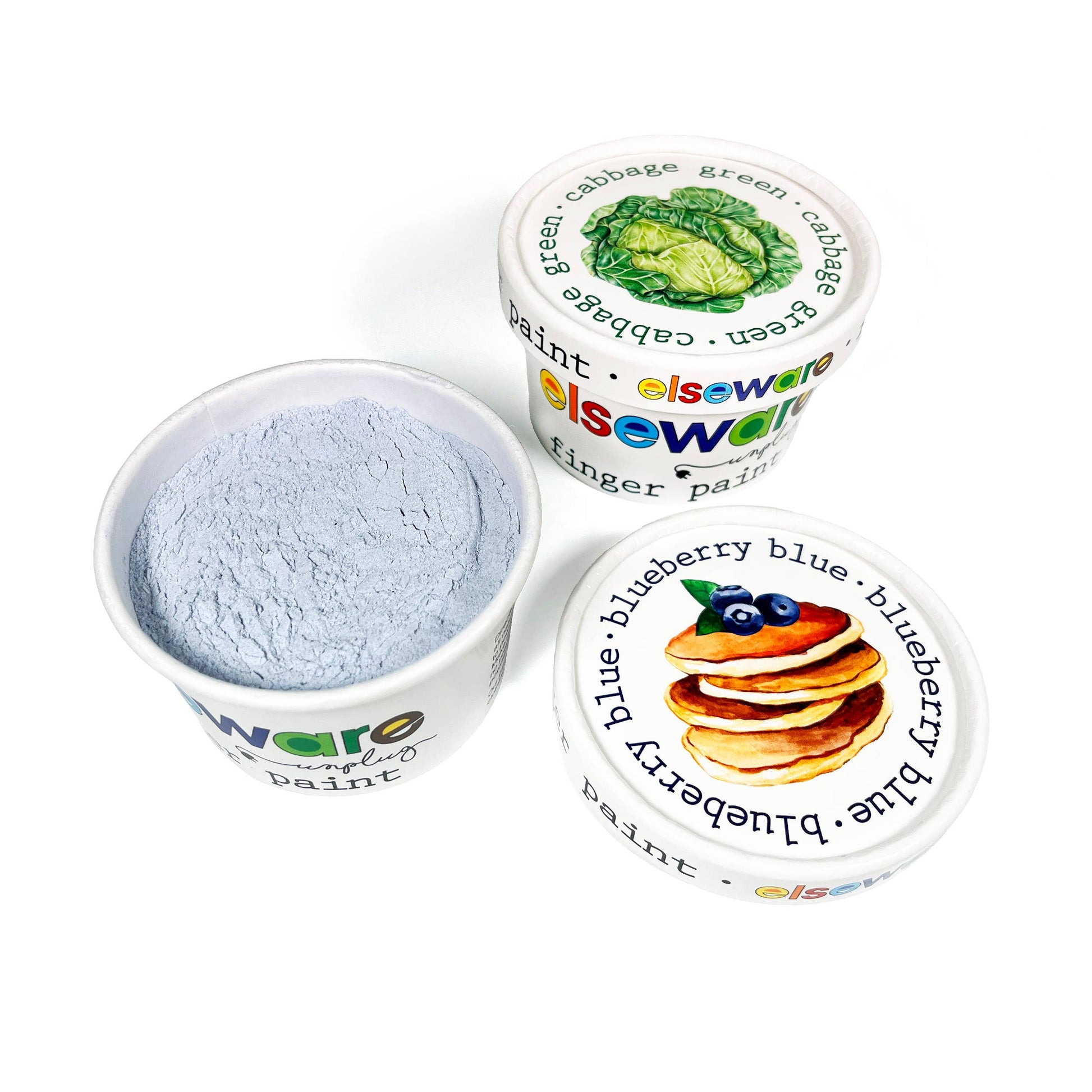 Two Elseware Unplug finger paint tubs on white background — left tub open showing dry blueberry blue powder; right tub closed with cabbage green illustrated lid; colorful Elseware Unplug logo on tub sides