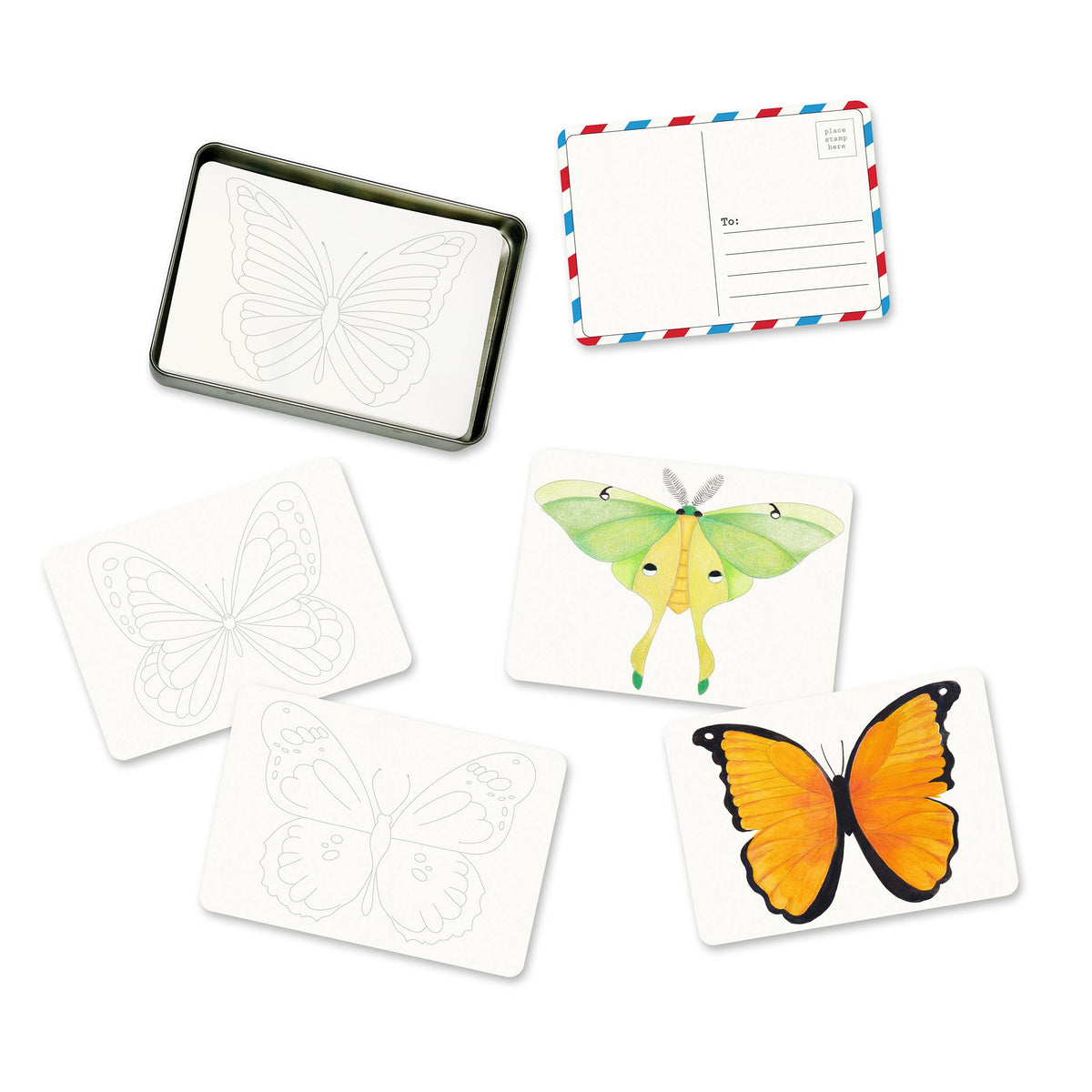 Elseware Unplug coloring postcards tin open on white background — open silver tin at upper left with one uncolored monarch butterfly postcard inside; classic air-mail address side postcard at upper right with To: lines and stamp box; three uncolored butterfly outline postcards at lower left fanned out; two completed postcards at lower right showing a fully colored green luna moth and a vibrant orange and black monarch butterfly