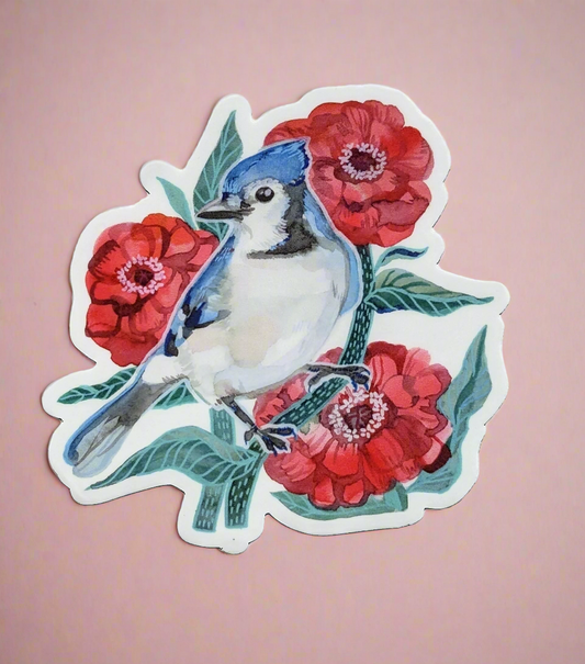 Vinyl Sticker; Blue Bird Among Flowers - Made by Shellie