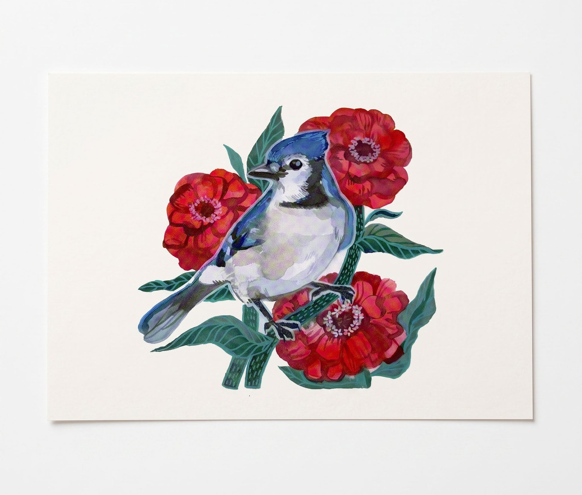 Made by Shellie Blue Bird Among Flowers Art Print — illustrated blue jay perched on a stem among three bright red zinnias with teal-green leaves on white card stock; white background