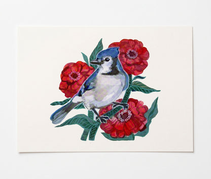 Made by Shellie Blue Bird Among Flowers Art Print — illustrated blue jay perched on a stem among three bright red zinnias with teal-green leaves on white card stock; white background