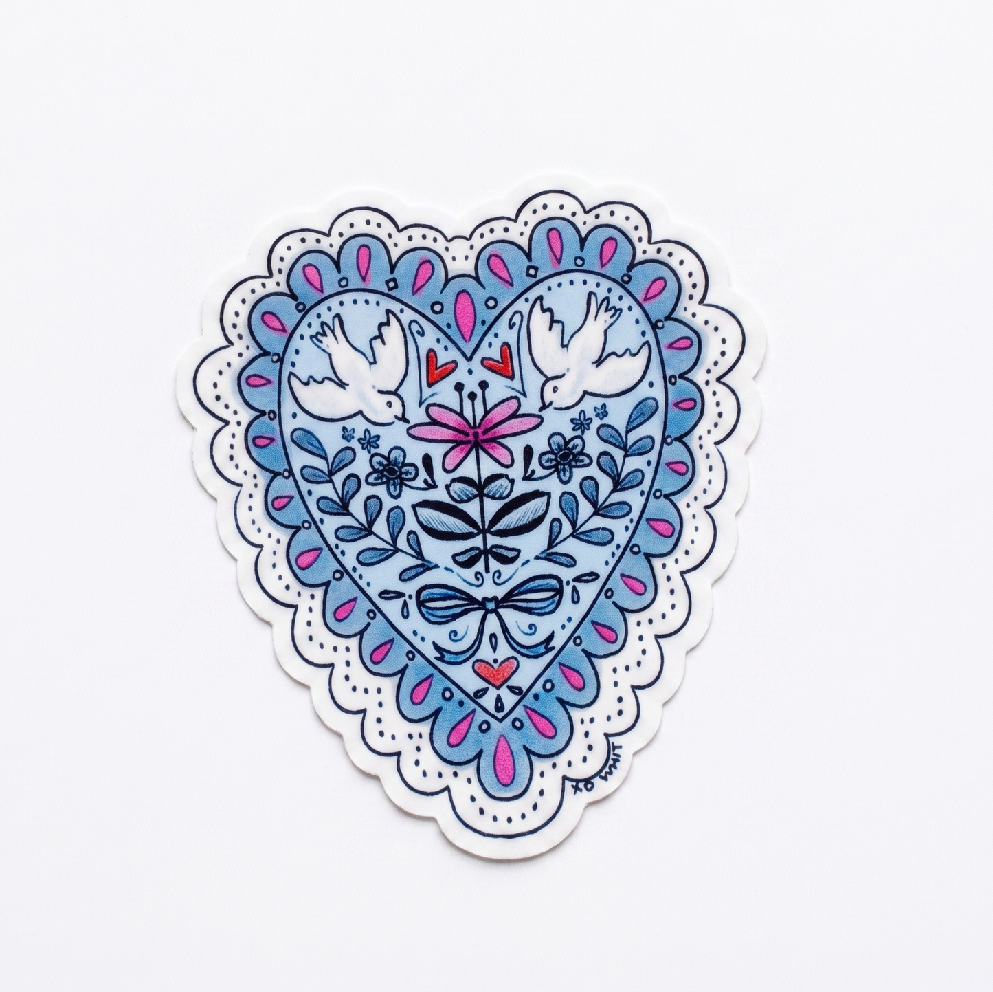 Vinyl Sticker; Doves in Heart (Folk Art Style)