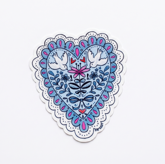 Vinyl Sticker; Doves in Heart (Folk Art Style)