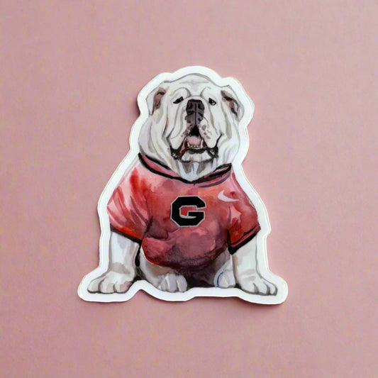 Vinyl Sticker; Sitting Bulldog in UGA Jersey - Made By Shellie