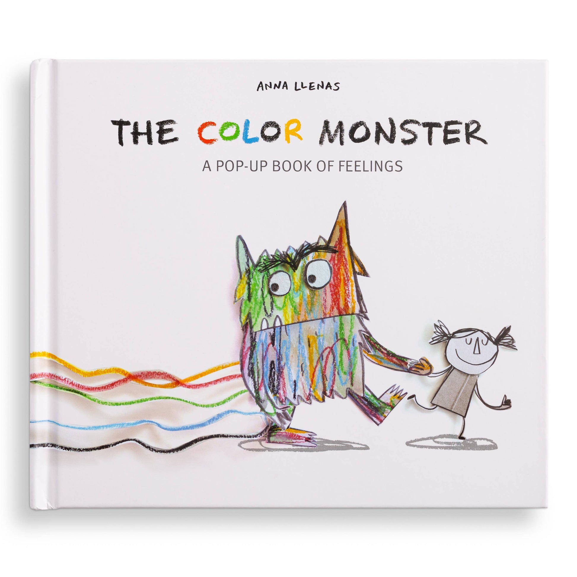 The Color Monster: A Pop-Up Book of Feelings front cover flat lay — white cover with multicolor crayon-style title, the mixed-color monster holding hands with the sketched girl, and wavy emotion lines across the bottom, photographed straight-on