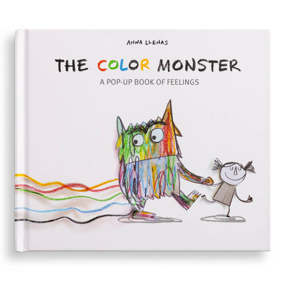 The Color Monster: A Pop-Up Book of Feelings front cover flat lay — white cover with multicolor crayon-style title, the mixed-color monster holding hands with the sketched girl, and wavy emotion lines across the bottom, photographed straight-on