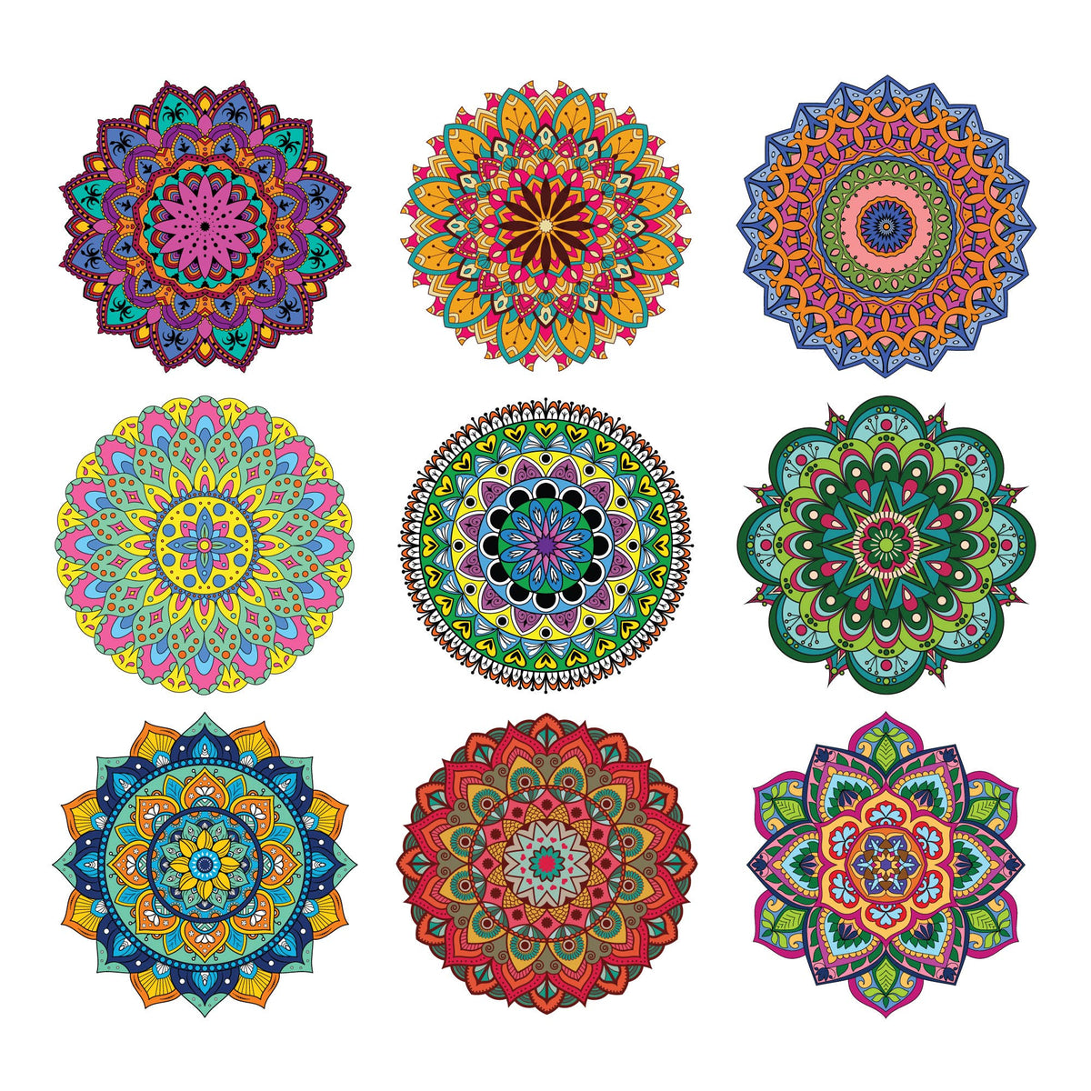 Grid of all 9 Elseware Unplug mandala coloring sheet designs shown fully colored on white background — 3 rows of 3 mandalas in vibrant jewel-tone color combinations including purple and teal, orange and red, blue and orange, yellow and pink, green and teal, navy and gold, red and brown, and green and pink; intricate geometric and floral patterns