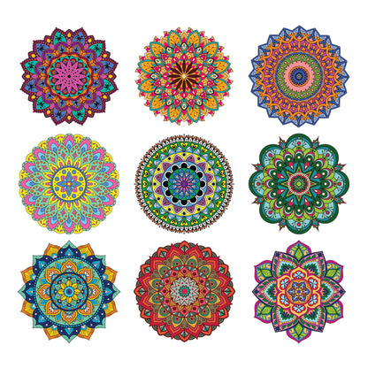 Grid of all 9 Elseware Unplug mandala coloring sheet designs shown fully colored on white background — 3 rows of 3 mandalas in vibrant jewel-tone color combinations including purple and teal, orange and red, blue and orange, yellow and pink, green and teal, navy and gold, red and brown, and green and pink; intricate geometric and floral patterns