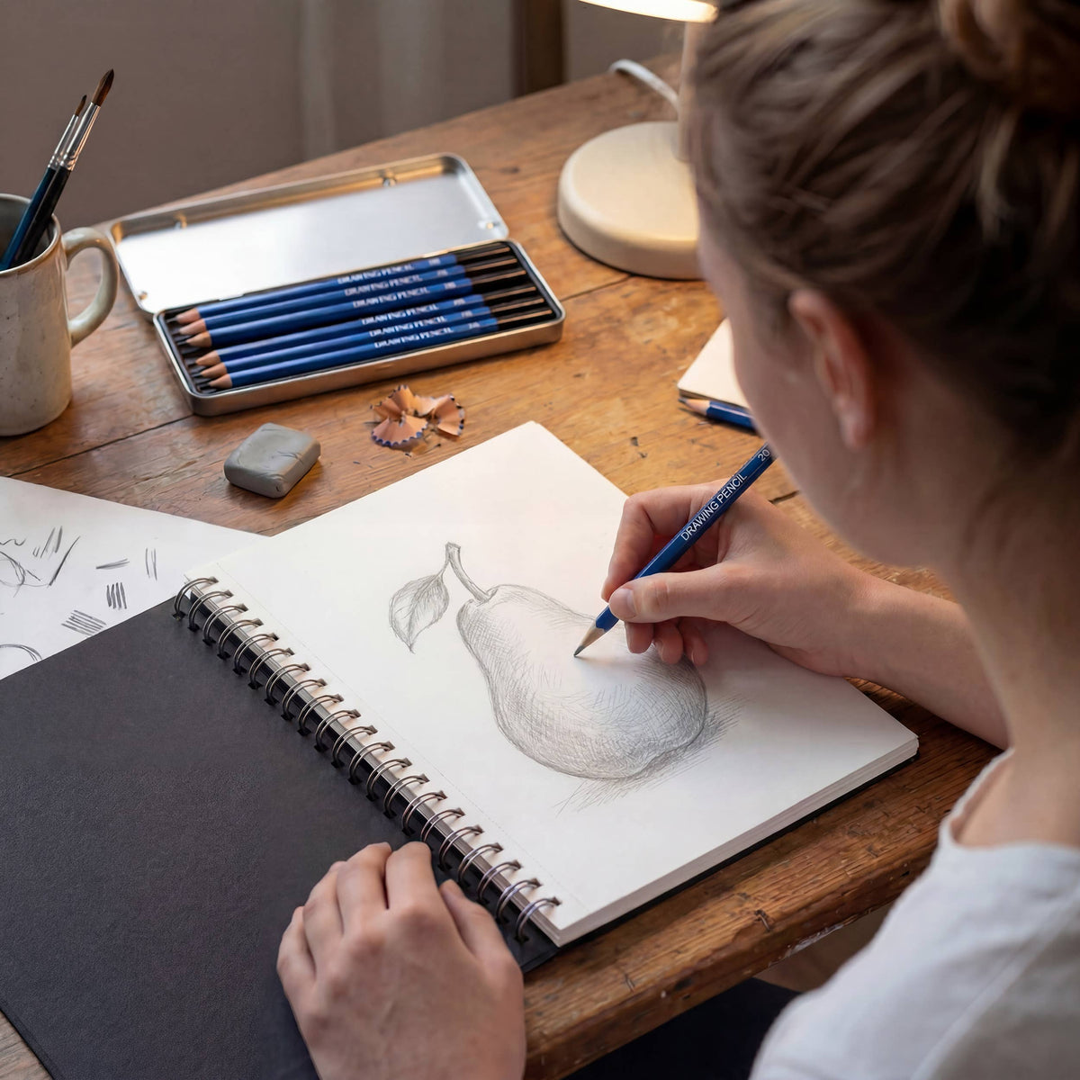 Lifestyle photo of adult woman sketching a pear in a spiral-bound sketchbook on a wooden desk — holding a blue Elseware Unplug 2B drawing pencil; open silver pencil tin with remaining 5 pencils visible in background beside a white mug of paintbrushes, eraser, pencil shavings, and warm lamp light
