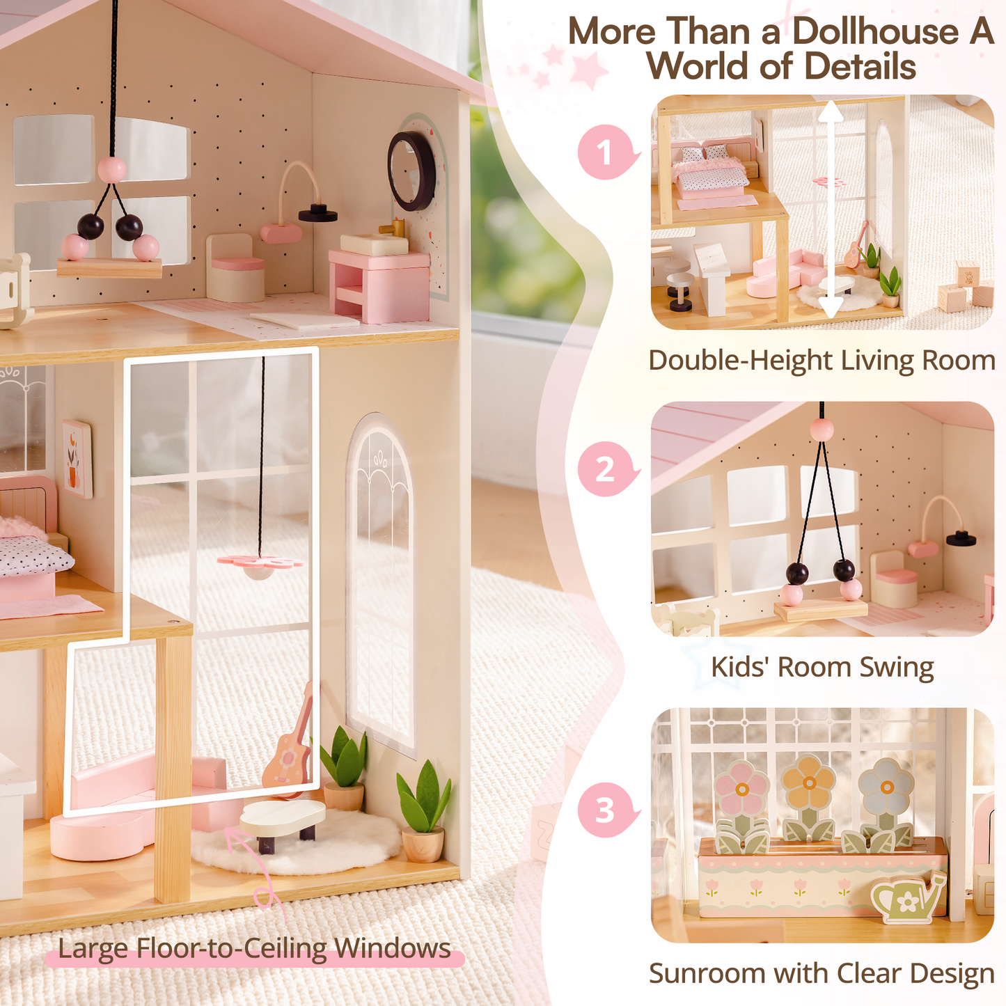 Robud dollhouse features infographic on a pink background — headline reads "More Than a Dollhouse A World of Details"; left shows large floor-to-ceiling window close-up with living room furniture; three callout thumbnails on right labeled: 1 Double-Height Living Room, 2 Kids' Room Swing with black bead mobile, 3 Sunroom with Clear Design showing flower-printed glass panels
