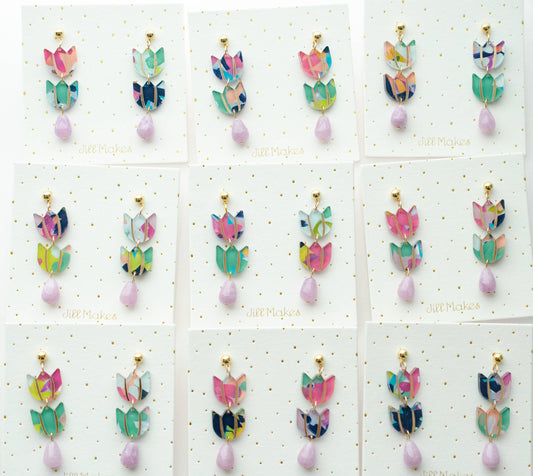 Earrings; Colorful Tulip (Hand-Painted) By Jill Makes