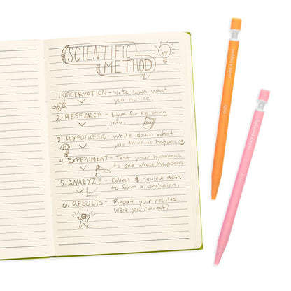  Lifestyle flat lay on white background showing an open green hardcover notebook with handwritten scientific method notes and small doodles alongside two OOLY Noted! mechanical pencils — orange pencil with "make it happen" quote leaning to the right of the notebook and pink pencil with "radiate positivity" quote overlapping it; graphite handwriting on ruled notebook pages includes steps: Observation, Research, Hypothesis, Experiment, Analyze, and Results with illustrated icons