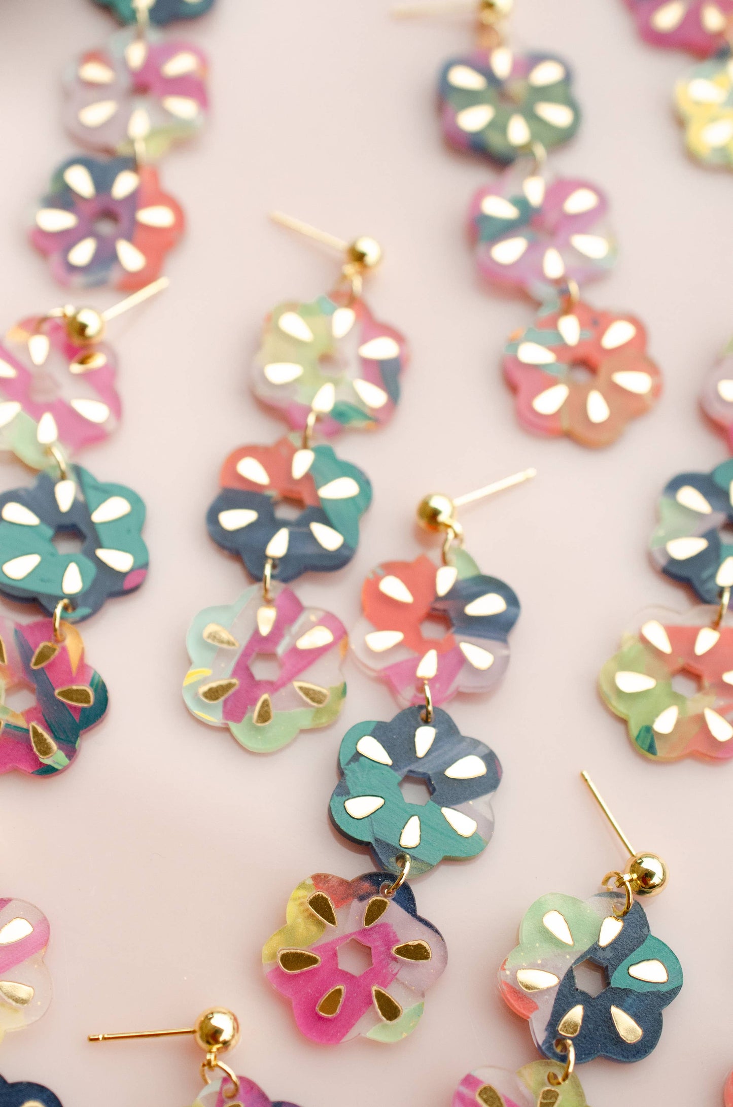 Earrings; Flower Dangle (Hand-painted, Colorful, Gold Accents) By Jill Makes