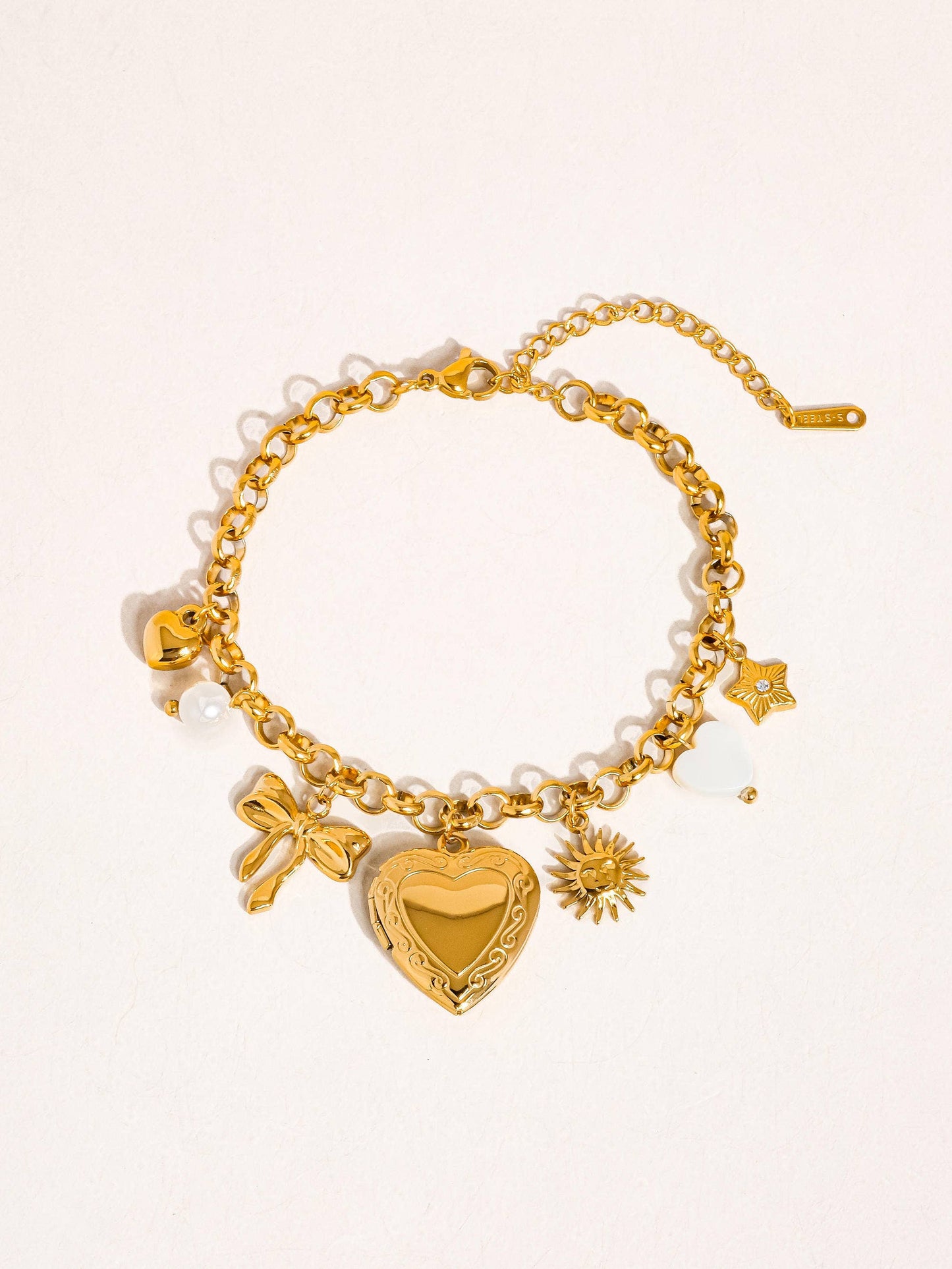 Heart Locket Charm Bracelet; Eydn (18K Gold, Non-Tarnish)