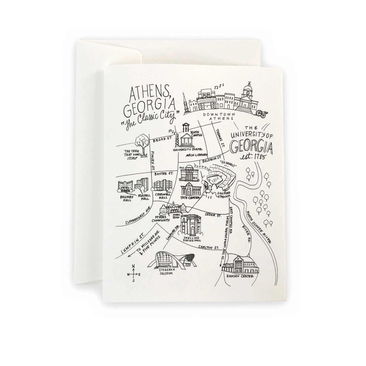 Greeting Card; Athens, Georgia UGA Campus Map By Natty Michelle Paperie