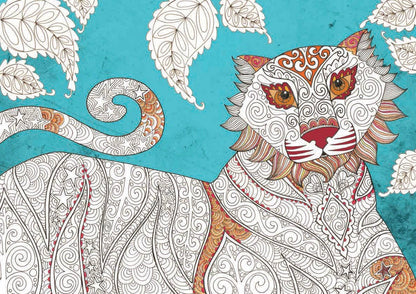 Interior page from Color Therapy coloring book — partially colored illustration of a mandala-style tiger with swirling star and paisley body patterns, orange and red face accents with amber eyes, curling star-dotted tail, and white leaf motifs on a teal watercolor background