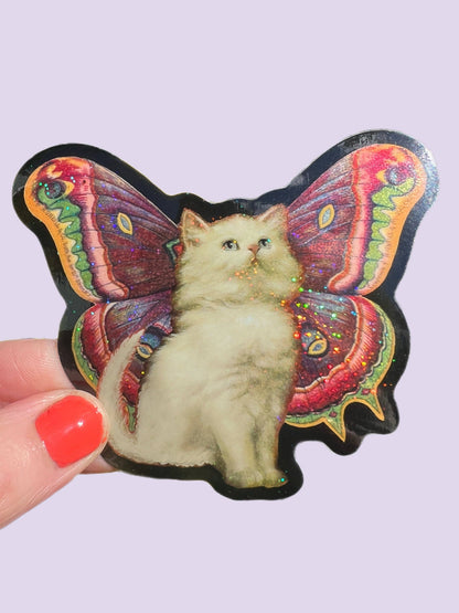 Vinyl Sticker; Cat Butterfly (Glitter 3 Inch)