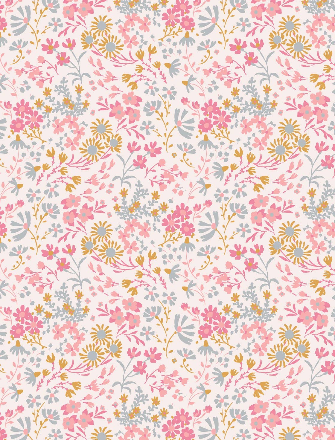 Helmsie wrapping paper sheet with soft wildflower meadow pattern — pink, gray, and gold daisies and wildflowers scattered on a blush pink background
