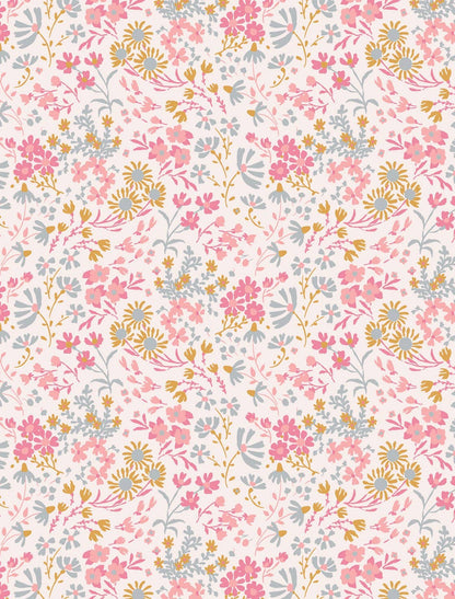 Helmsie wrapping paper sheet with soft wildflower meadow pattern — pink, gray, and gold daisies and wildflowers scattered on a blush pink background
