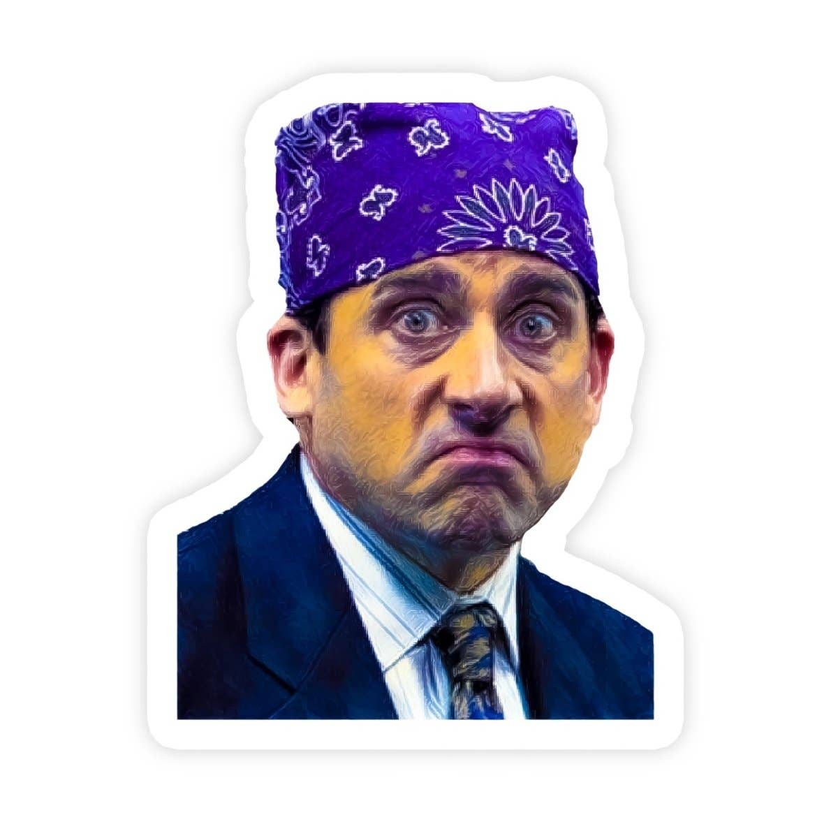Sticker Bull Prison Mike The Office die cut vinyl sticker — illustrated close-up portrait of Michael Scott as Prison Mike wearing a purple paisley bandana with a stern grimace expression in a navy suit and tie; white die cut border; white background