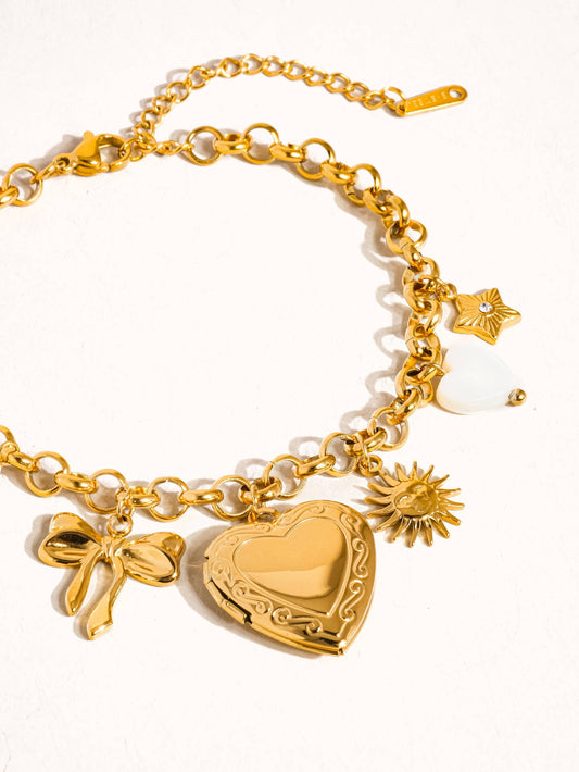 Heart Locket Charm Bracelet; Eydn (18K Gold, Non-Tarnish)