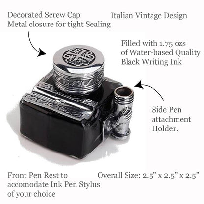 Decorative Inkwell with Pen Rest, Pen Holder & Ink