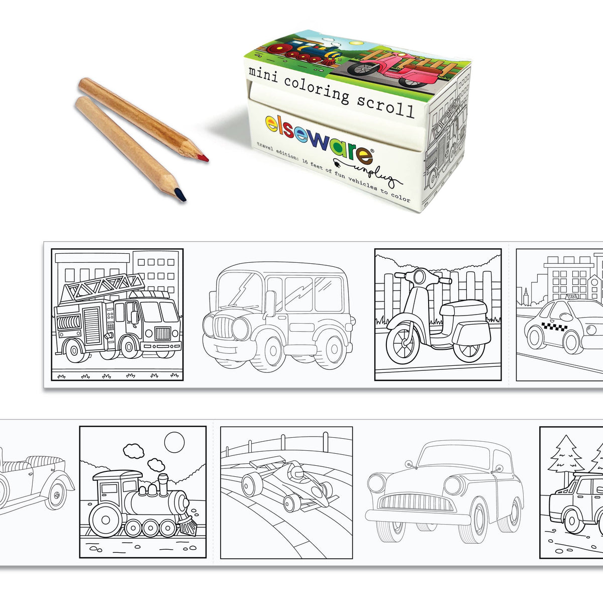 Elseware Unplug mini coloring scroll Transportation edition box with two mini colored pencils on white background — colorful vehicle lid with train, scooter, and tractor; scroll unrolled below showing 8 black-and-white vehicle coloring pages including fire truck, bus, scooter, taxi, steam train, race car, vintage car, and pickup truck