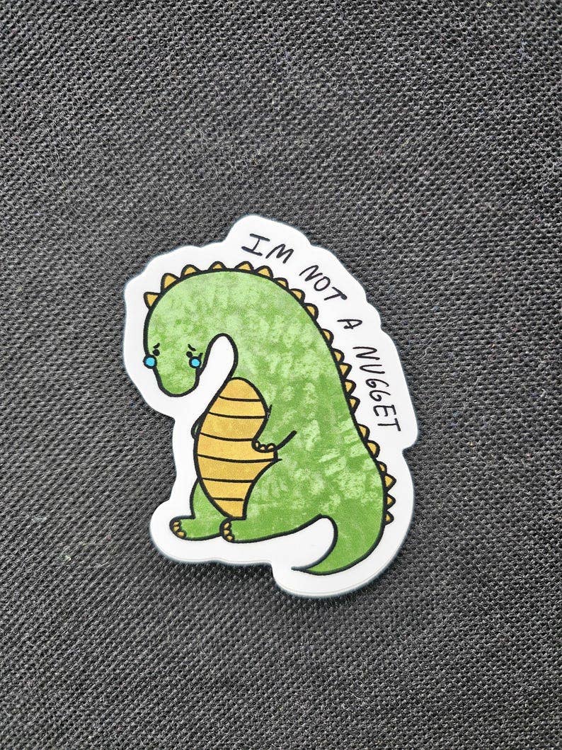 Sad Dino Nugget Vinyl Sticker Cute Green Dinosaur - Waterproof sticker for Water bottle, UV sealed