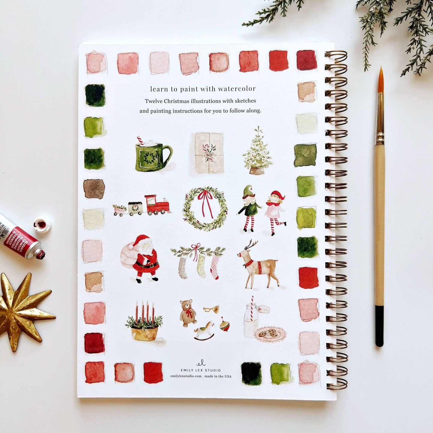 Back cover of Christmas Watercolor Workbook by Emily Lex Studio showing all 12 Christmas illustrations with red and green watercolor swatches border