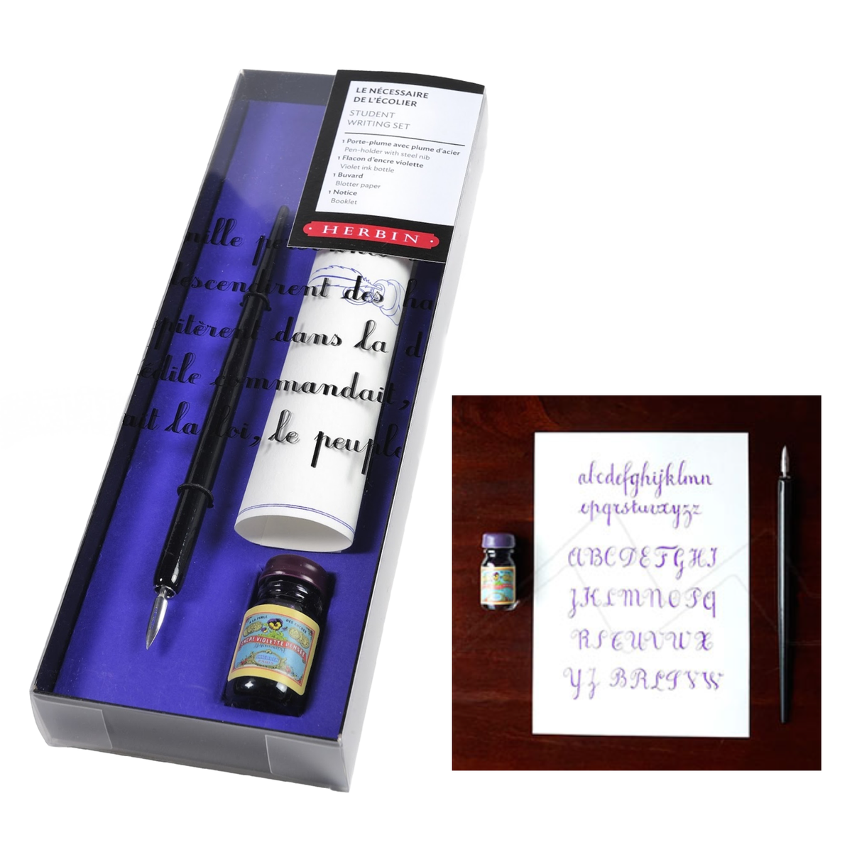 J. Herbin 19th Century Student gift set shown two ways on white background — left: set open in purple-lined display box showing black nib holder with steel nib, rolled blotter sheet, and Herbin Violette ink bottle; right: lifestyle inset on dark wood surface showing nib pen, violet ink bottle, and handwritten alphabet practice sheet in Herbin Violette purple ink