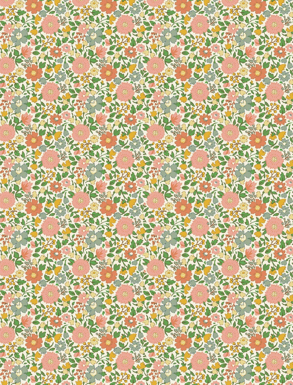 Helmsie wrapping paper sheet with dense vintage floral pattern — peach, orange, and blue flowers with green leaves on an ivory background, matching the cover design