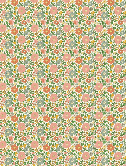 Helmsie wrapping paper sheet with dense vintage floral pattern — peach, orange, and blue flowers with green leaves on an ivory background, matching the cover design