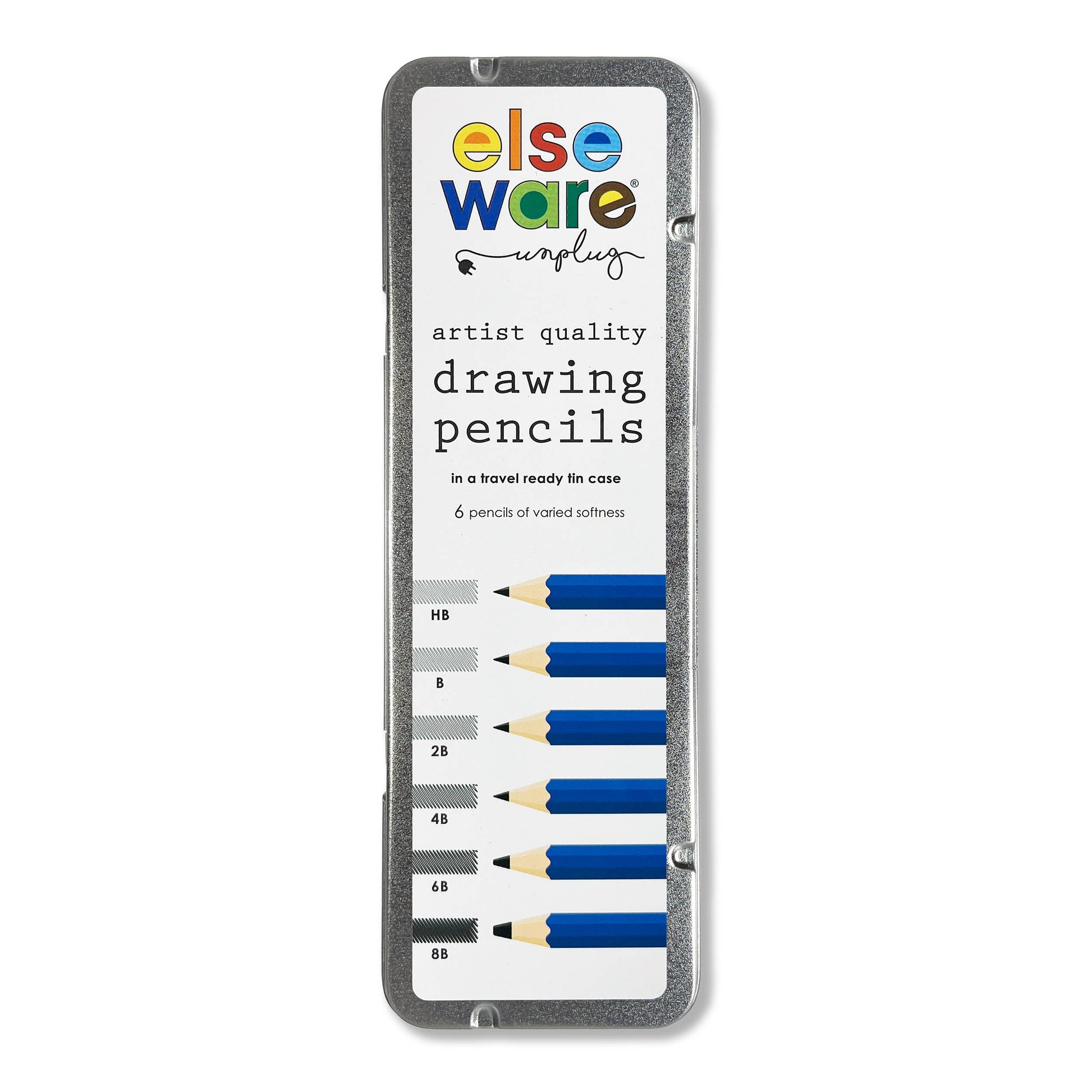 Elseware Unplug artist quality drawing pencils tin on white background — closed silver tin with white label showing colorful Elseware Unplug logo, "artist quality drawing pencils" title, "in a travel ready tin case, 6 pencils of varied softness," and grade-to-darkness chart showing HB through 8B with blue pencil illustrations