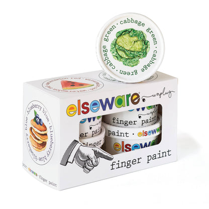 Elseware Unplug finger paint set in white gift box on white background — four round paper tubs with illustrated food-themed lids including cabbage green and blueberry blue; colorful Elseware Unplug logo on box front; one lid propped on top of box