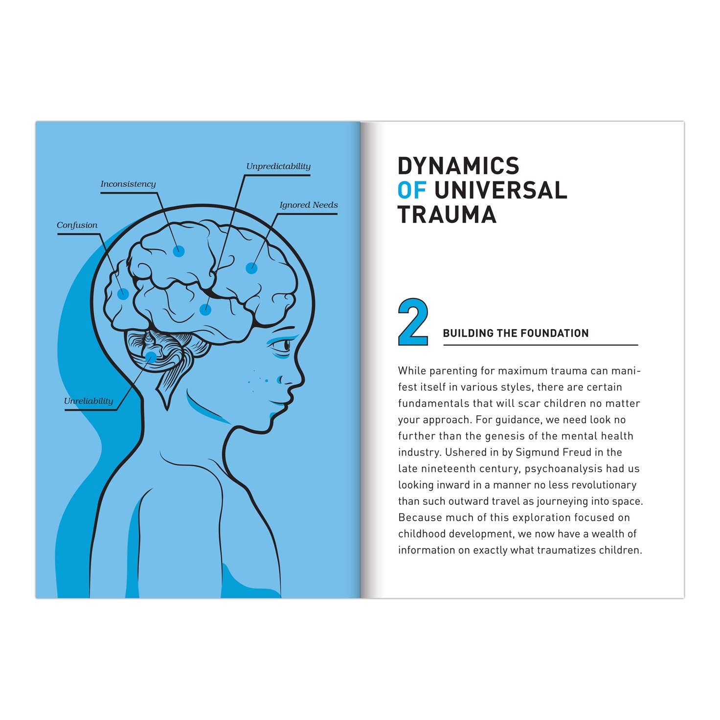 Interior spread of How to Traumatize Your Children showing Chapter 2 "Dynamics of Universal Trauma: Building the Foundation" — blue illustrated diagram of a child's head with brain labeled with Confusion, Inconsistency, Unpredictability, Ignored Needs, and Unreliability on the left, chapter text on the right