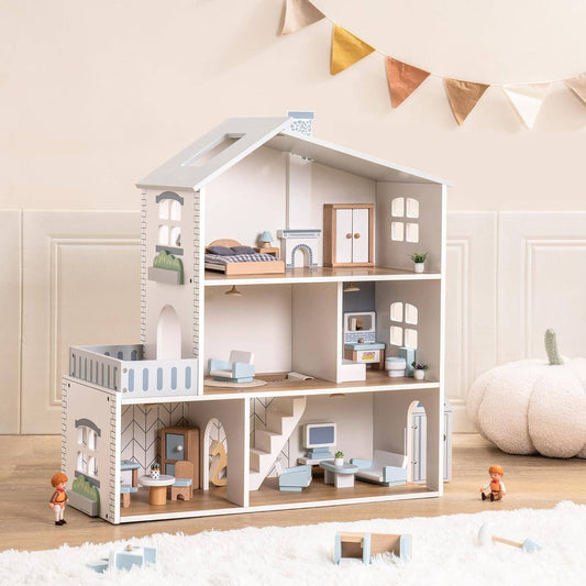 Wooden Dollhouse; 3 Story Doll House Set with Furniture (23 Pcs)